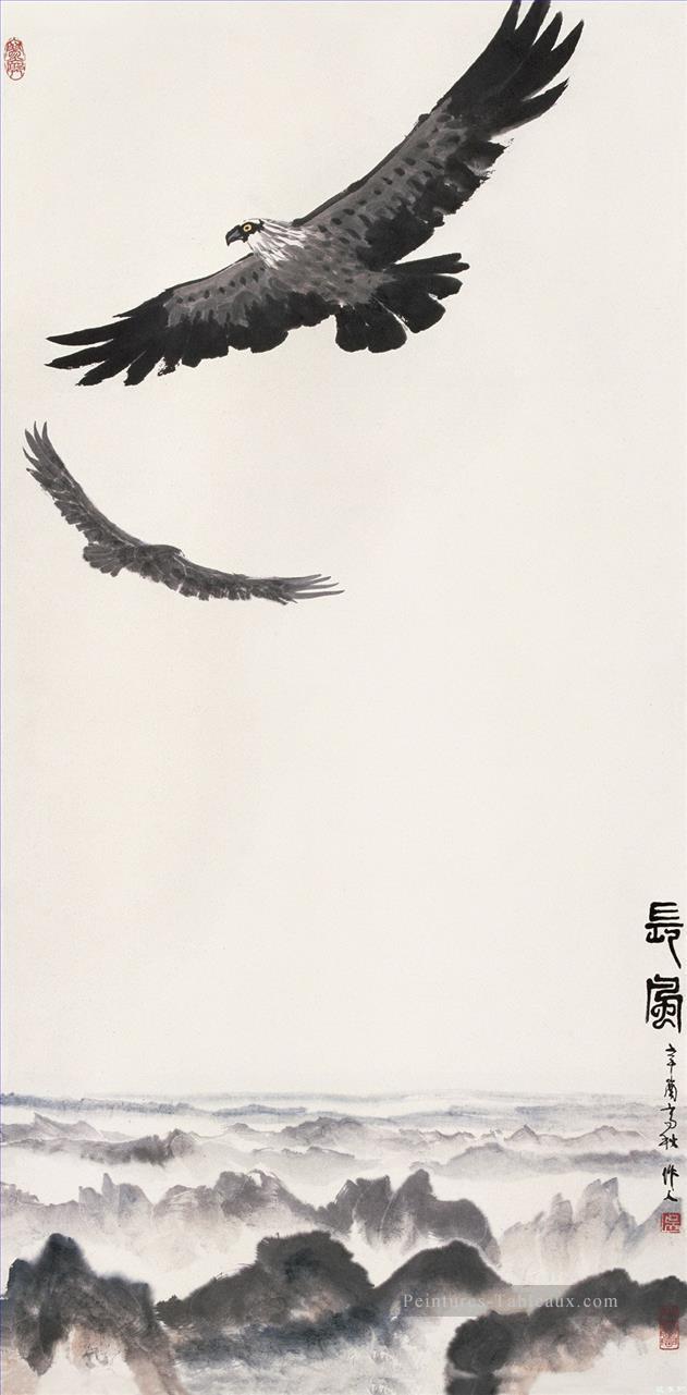 Wu Zuoren aigles sur montagne vieux oiseaux d’encre de Chine Peintures à l'huile